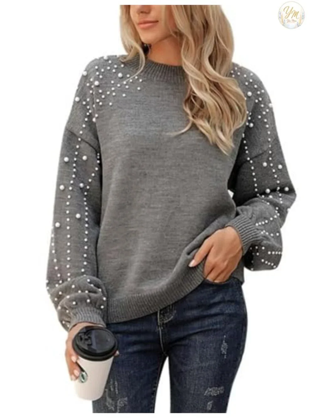 Oversized Chunky Knit Pullover Sweater Long Lantern Sleeve Mock Neck